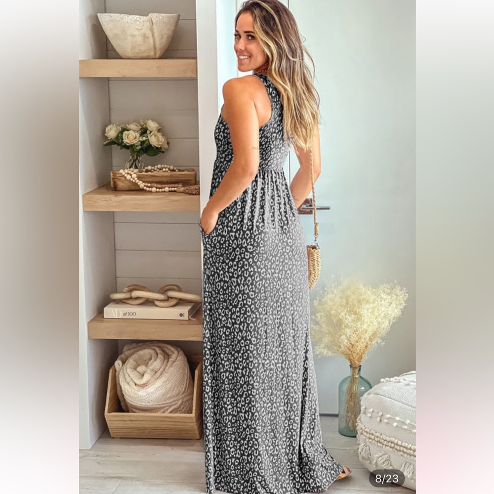 Gray Leopard print pocketed sleeveless maxi dress, pockets, NWT - Picture 3 of 7